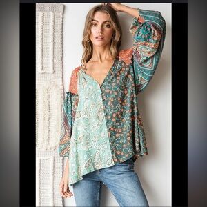 Oli&Hali Floral Mixed Print Long Balloon Sleeve Button Down Blouse Size Medium